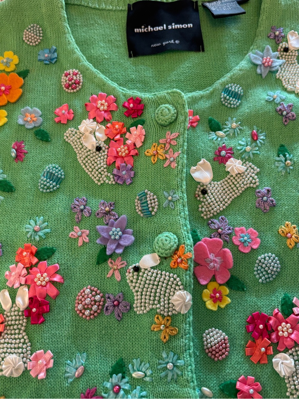 Vintage Michael Simon short sleeve green Cardigan Floral Bunnies size small - Picture 2 of 10